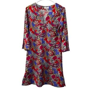 Jude Connally Red Blue Paisley Jude Cloth Shift Dress 3/4 Sleeve Size S Resort